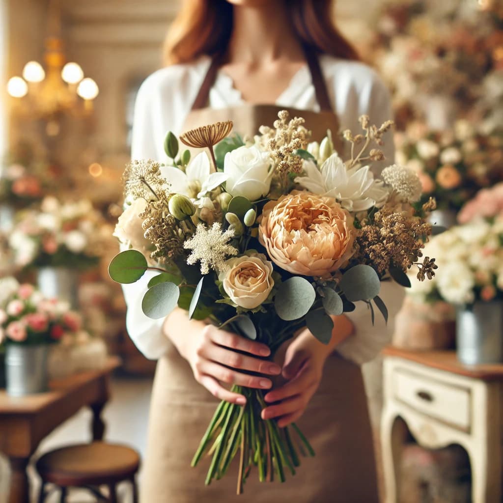 Florista de Florerías Argentinas armando un arreglo en el taller